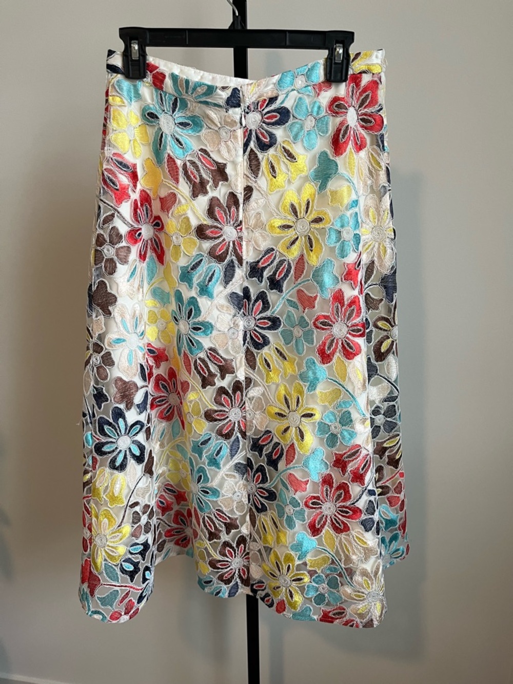 Anthropologie Eva Franco Floral Embroidered Midi Skirt Sz 10 A-Line Mesh Overlay - Picture 5 of 16